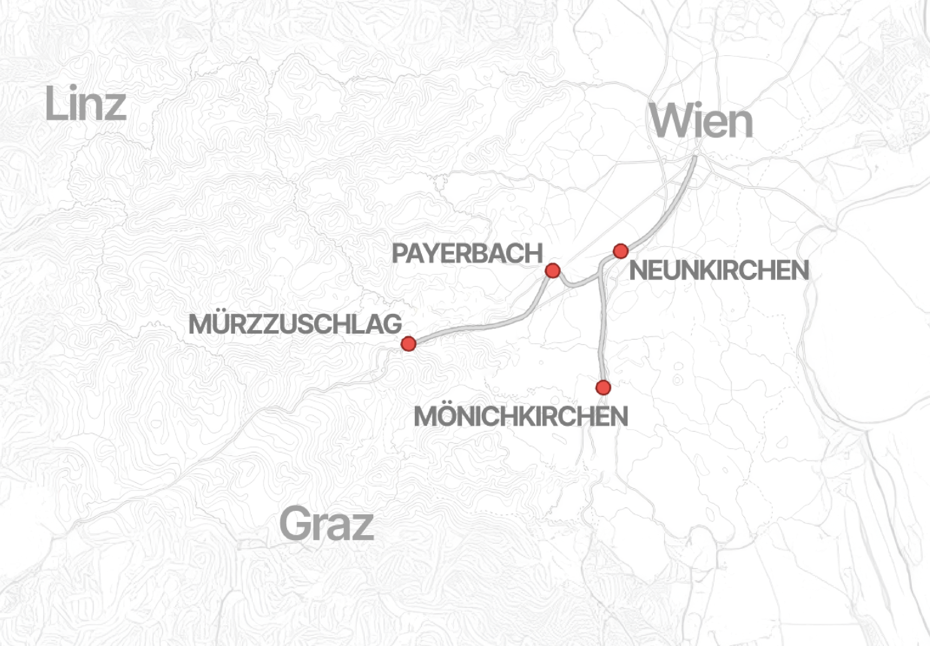 Map of UEK property locations in Austria \u2014 Payerbach, Neunkirchen, Mürzzuschlag, Mönichkirchen